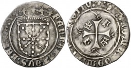 Fernando I (1512-1515). Navarra. Real. (Cru.V.S. falta) (R.Ros 4.1.11) (Cru.C.G. falta). 3,04 g. Sin el título del rey de Navarra. Muy rara. MBC-.