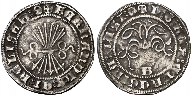 Reyes Católicos. Burgos. 1/2 real. (Cal. falta). 1,66 g. Venera sobre caldero y ...