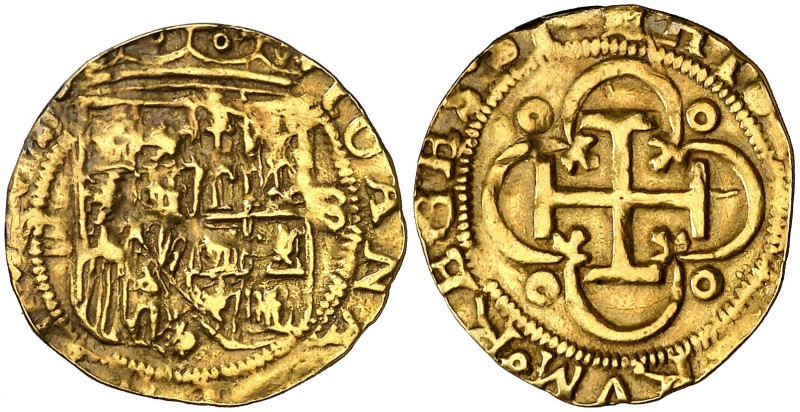 s/d. Juana y Carlos. Sevilla. . 1 escudo. (Cal. 55). 3,30 g. Ligeramente recorta...