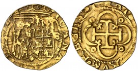 s/d. Juana y Carlos. Sevilla. . 1 escudo. (Cal. 55). 3,30 g. Ligeramente recortada. Bonito color. (MBC).