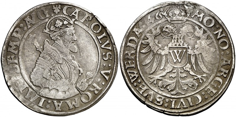 1546. Carlos I. Donauworth. 1 taler. (Kr. 3) (Dav. 9170). 28,45 g. Golpecitos. E...