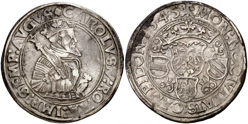1545. Carlos I, Wolfgang von Grünenstein. Kempten. 1 taler. (Kr. 44) (Dav. 9365)...