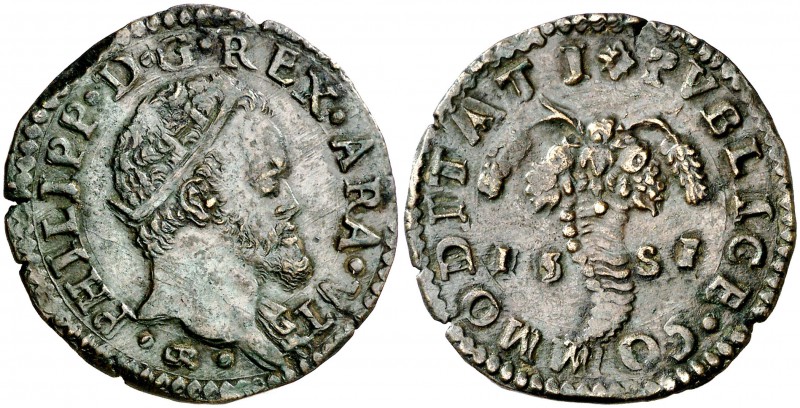 1581. Felipe II. Nápoles. GR. 1 tornese. (Vti. 265) (MIR. 192/11). 7,34 g. Buen ...
