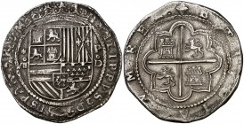 s/d. Felipe II. Lima. . 8 reales. (Cal. 143). 27,29 g. Leones pasantes en anverso y rampantes en reverso. Valor: VII. Atractiva. Ex Colección Virrey T...