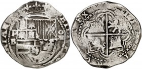 s/d. Felipe II. Potosí. B. 8 reales. (Cal. 158) (Paoletti 101). 27 g. Armas de Flandes y Tirol sin separación. Gráfila interior de aspas en anverso y ...