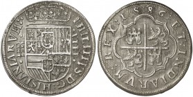 1586. Felipe II. Segovia. 8 reales. (Cal. 171). 25,47 g. Acueducto de dos pisos y tres arcos. Rayitas de acuñación. Ex Colección Rocaberti, Áureo 28/0...