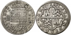 1588. Felipe II. Segovia. 8 reales. (Cal. 189 var). 27,33 g. Acueducto de seis y cinco arcos y dos pisos. Golpecito y hojita. Buen ejemplar. Ex Áureo ...