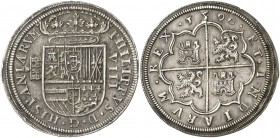 1590. Felipe II. Segovia. 8 reales. (Cal. 214). 27,22 g. Acueducto de tres arcos y dos pisos. Sólo tres ventanas en los castillos del reverso. Oxidaci...