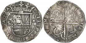 s/d. Felipe II. Sevilla. . 8 reales. (Cal. 235). 27,47 g. Pátina. Buen ejemplar. Escasa así. MBC+.