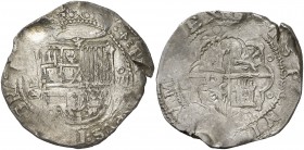 s/d. Felipe II. Toledo. . 8 reales. (Cal. tipo 177). 27,30 g. Grieta, pero buen ejemplar. Parte de brillo original. (MBC+).