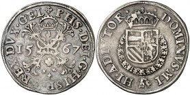1567. Felipe II. Nimega. 1 escudo Borgoña. (Vti. 1310) (Vanhoudt 290.NIJ). 28,60 g. Rayitas. Preciosa pátina. MBC+.