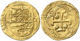 s/d. Felipe II. Toledo. M. 1 escudo. (Cal. 125) (Tauler 53). 3,32 g. No figuraba en la Colección Caballero de las Yndias. Muy escasa. MBC/MBC+.