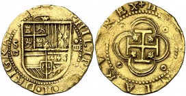 s/d. Felipe II. Sevilla. . 4 escudos. (Cal. 11) (Tauler 11). 13,50 g. Visible el ordinal del rey. Pequeña zona de acuñación floja. Muy atractiva. Rara...