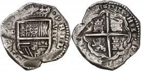 1621. Felipe III. (Madrid). V. 8 reales. (Cal. 83). 27,40 g. Todos los datos perfectos. Muy rara. MBC.