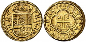 1608. Felipe III. Segovia. C. 1 escudo. (Cal. 61). 3,46 g. Bella. Precioso color. Rara y más así. EBC+.