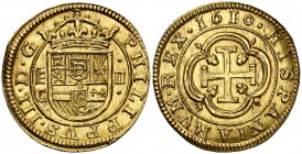 1610. Felipe III. Segovia. C. 2 escudos. (Cal. 25). 6,64 g. Bellísima. Brillo original. Ex Heritage 09/01/2017, nº 32340. Ex Colección D. Moore. Muy r...