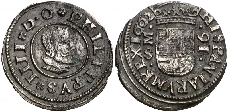 1662. Felipe IV. M (Madrid). S. 16 maravedís. (Cal. 1396) (J.S. M-360). 4,23 g. ...