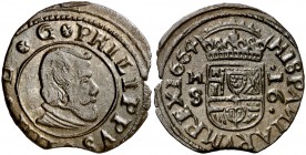 1664. Felipe IV. M (Madrid). S. 16 maravedís. (Cal. 1405) (J.S. M-389). 3,76 g. Cospel irregular. Atractiva. EBC-.