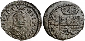 1661. Felipe IV. Trujillo. M. 16 maravedís. (Cal. 1627) (J.S. M-682). 3,16 g. La leyenda de anverso comienza a las 7h del reloj. Orla en anverso. Algo...