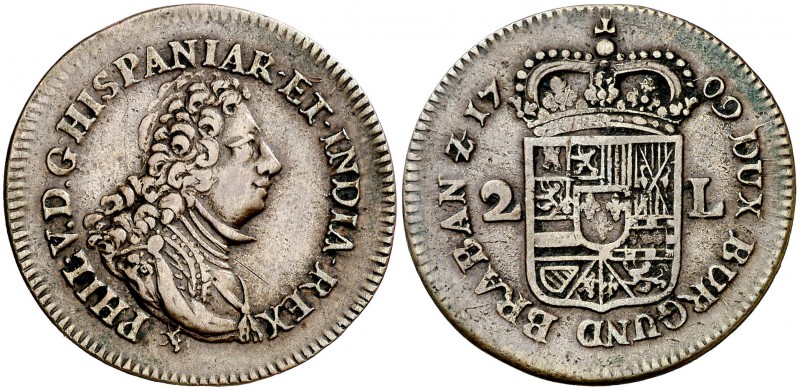 1709. Felipe V. Condado de Namur. 2 liard. (Vti. 55) (Vanhoudt 745. NAMUR). 6,88...