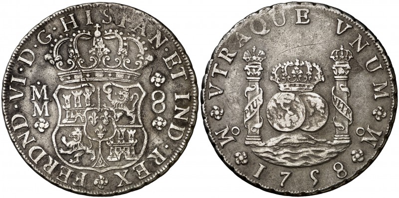 1758. Fernando VI. México. MM. 8 reales. (Cal. 343). 26,52 g. Columnario. MBC-.