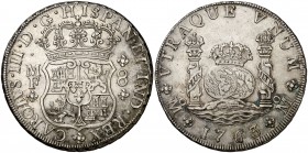 1763. Carlos III. México. MF. 8 reales. (Cal. 897). 26,92 g. Columnario. Bella. Ex Áureo 19/12/1995, nº 645. Escasa así. EBC-.