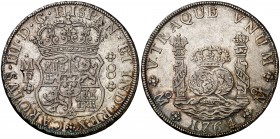 1764. Carlos III. México. MF. 8 reales. (Cal. 899). 27,01 g. Columnario. Bella. Ex Áureo 16/10/1996, nº 539. Escasa así. EBC-.