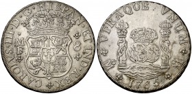 1765. Carlos III. México. MF. 8 reales. (Cal. 901). 26,86 g. Columnario. Buen ejemplar. Ex Áureo 18/10/1995, nº 827. MBC+.