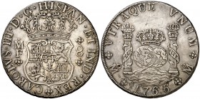 1766. Carlos III. México. MF. 8 reales. (Cal. 904). 26,92 g. Columnario. Bella. Ex Áureo 18/10/1995, nº 828. Escasa así. EBC/EBC-.