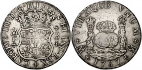 1767. Carlos III. México. MF. 8 reales. (Cal. 906). 26,90 g. Columnario. Rayita en reverso. MBC-.