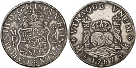 1767. Carlos III. México. MF. 8 reales. (Cal. 906). 26,84 g. Columnario. Limpiada. Buen ejemplar. Ex Áureo 18/10/1995, nº 829. (MBC+).