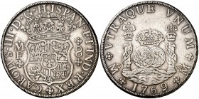 1769. Carlos III. México. MF. 8 reales. (Cal. 909). 26,78 g. Columnario. Leves golpecitos. Atractiva. Ex Áureo 20/10/1999, nº 1787. MBC+.