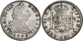 1772. Carlos III. México. FM. 8 reales. (Cal. 916). 26,82 g. Ensayadores invertidos. Escasa. MBC.
