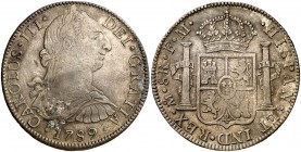 1789. Carlos III. México. FM. 8 reales. (Cal. 944). 26,72 g. Pátina. Muy escasa. MBC-/MBC.