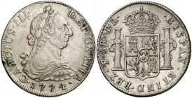 1774. Carlos III. Potosí. JR. 8 reales. (Cal. 974). 26,92 g. Golpecito en canto. MBC+.