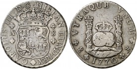 1770/69. Carlos III. Santiago. A. 8 reales. (Cal. 1008) (Kr. 18, marca "rare" sin precio). 26,87 g. Columnario. Ex Colección Gaspar de Portolà 29/11/2...