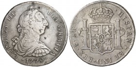 1779. Carlos III. Santiago. DA. 8 reales. (Cal. 1017). 26,65 g. Pátina. Ex Colección Gaspar de Portolà 29/11/2012, nº 105. Rarísima. MBC-.