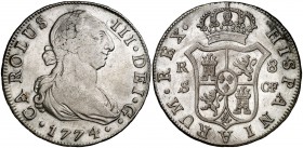 1774. Carlos III. Sevilla. CF. 8 reales. (Cal. 1035). 26,86 g. Rara. MBC-/MBC.
