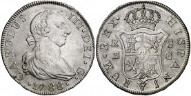 1788. Carlos III. Sevilla. C. 8 reales. (Cal. 1042). 26,74 g. Único año de este ensayador. Golpecitos. Rara. (MBC+).