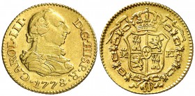 1778. Carlos III. Madrid. PJ. 1/2 escudo. (Cal. 772). 1,75 g. Bella. Parte de brillo original. Ex Colección Caballero de las Yndias 03/06/2009, nº 118...