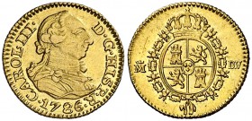 1786. Carlos III. Madrid. DV. 1/2 escudo. (Cal. 778). 1,74 g. Bella. Brillo original. Escasa así. EBC.