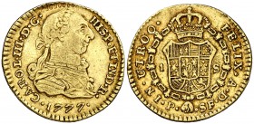 1777. Carlos III. Popayán. SF. 1 escudo. (Cal. 676) (Restrepo 54-10). 3,34 g. Canto golpeado. Escasa. MBC/MBC+.