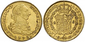 1773. Carlos III. Madrid. PJ. 2 escudos. (Cal. 446). 6,76 g. Pequeño exceso de metal en anverso. Bella. Escasa así. EBC+.