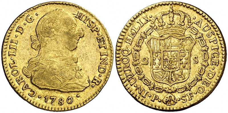 1780. Carlos III. Popayán. SF. 2 escudos. (Cal. 510) (Restrepo 62-18). 6,75 g. R...