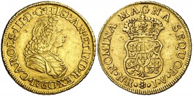 1760. Carlos III. Santa Fe de Nuevo Reino. JV. 2 escudos. (Cal. 534) (Restrepo 56-2). 6,72 g. Busto de Fernando VI. Leves rayitas. Parte de brillo ori...