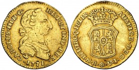 1771. Carlos III. Santa Fe de Nuevo Reino. VJ. 2 escudos. (Cal. 548) (Restrepo 60-18). 6,65 g. Tipo "cara de rata". Sirvió como joya. Muy rara. (MBC-)...