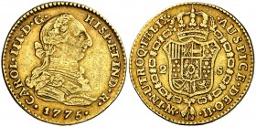 1775. Carlos III. Santa Fe de Nuevo Reino. JJ. 2 escudos. (Cal. 553) (Restrepo 61-9). 6,68 g. Escasa. MBC.