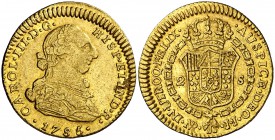 1785/4. Carlos III. Santa Fe de Nuevo Reino. JJ. 2 escudos. (Cal. 563 var) (Restrepo 61-28). 6,73 g. Leves marquitas. Escasa. MBC/MBC+.