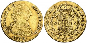 1773. Carlos III. Sevilla. CF. 2 escudos. (Cal. 575). 6,66 g. Bonito color. MBC+.