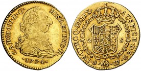 1774. Carlos III. Sevilla. CF. 2 escudos. (Cal. 576). 6,68 g. Bonito color. MBC-/MBC.